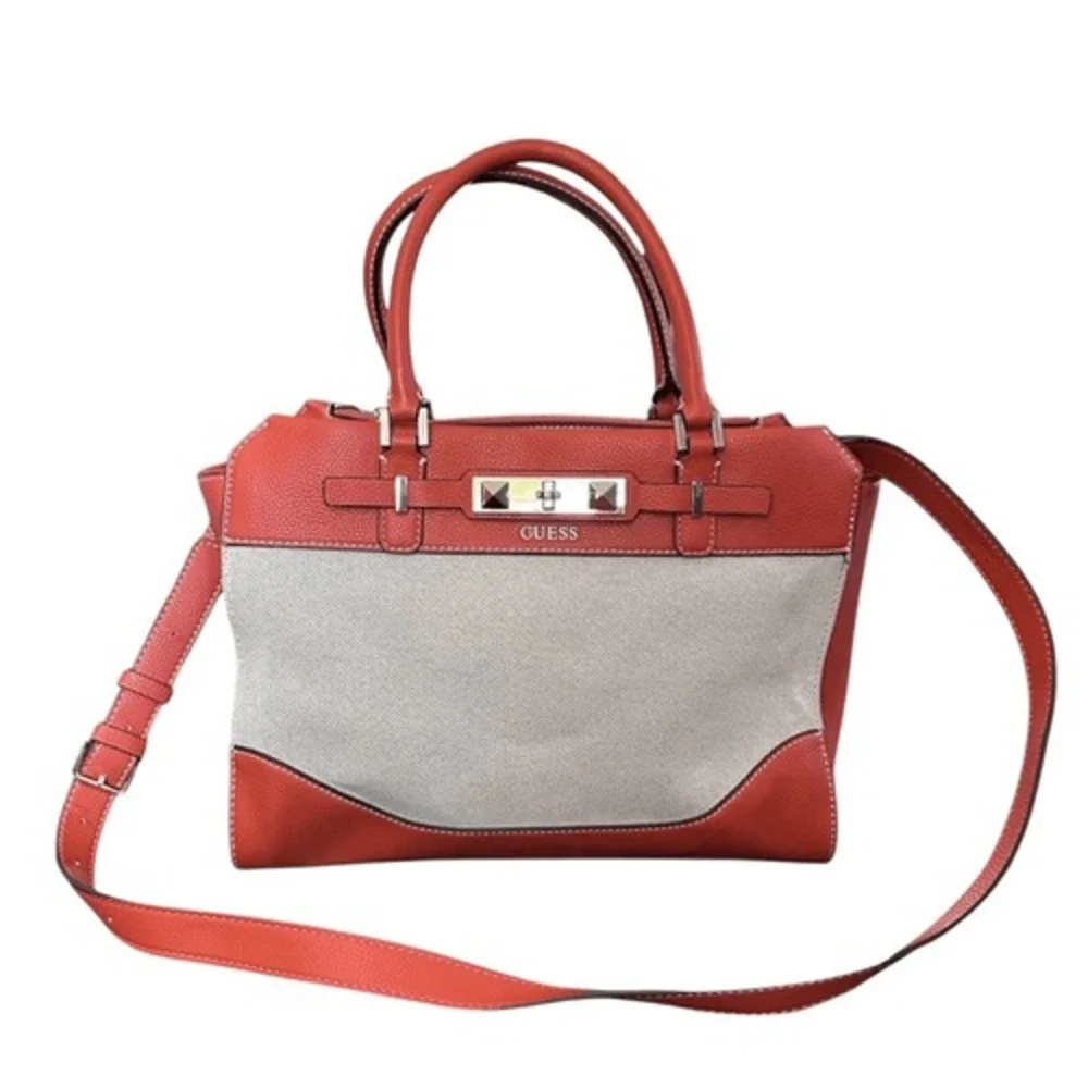 GUESS Satchel Handbag Burnt Orange Canvas Leather Trim Top Handle Crossbody Bag‎